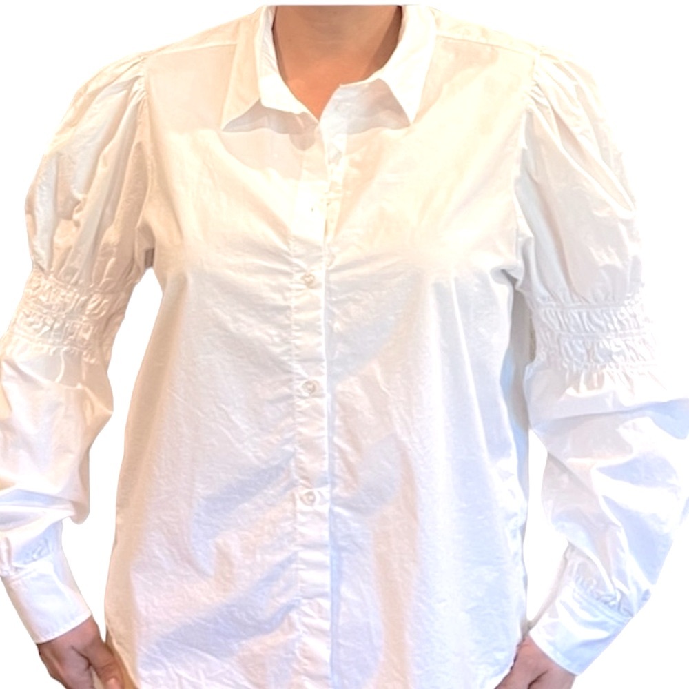 H&M Women’s white long sleeve button down blouse puff long sleeve size L…